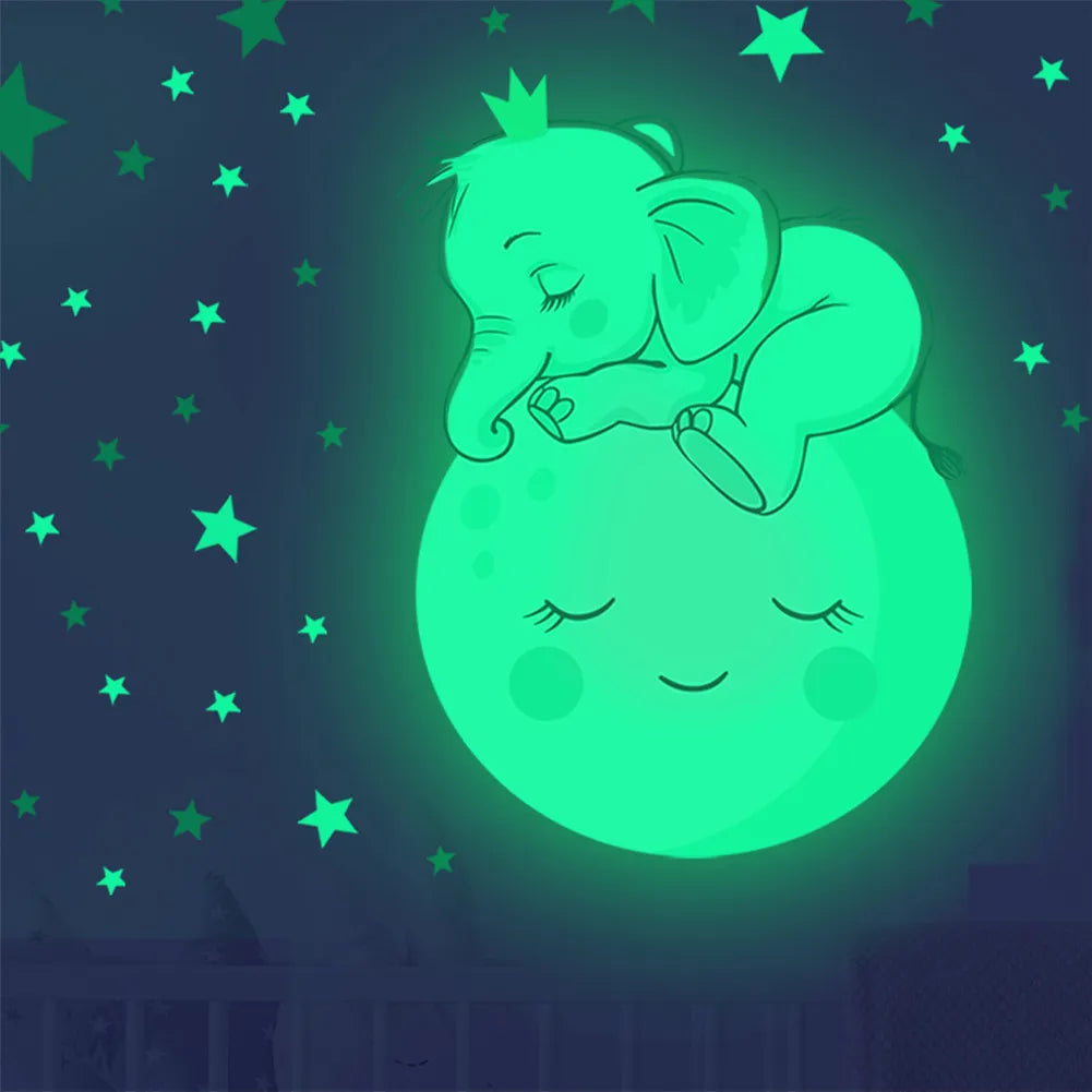 Moon Baby Elephant Sleeping Luminous Wall Sticker Baby Kids Room Bedroom Decoration Decals Glow In The Dark Home Decor Stickers