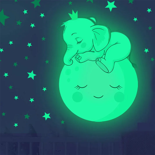 Moon Baby Elephant Sleeping Luminous Wall Sticker Baby Kids Room Bedroom Decoration Decals Glow In The Dark Home Decor Stickers