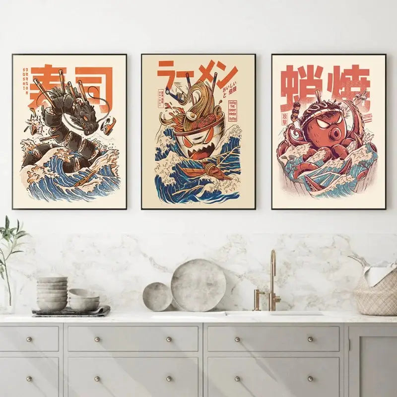Japanische Lebensmittel Nudeln Moderne Küche Poster Dekoration Getränke Ramen Cartoon Leinwandmalerei Retro Bar Wandkunst Druck Bilder