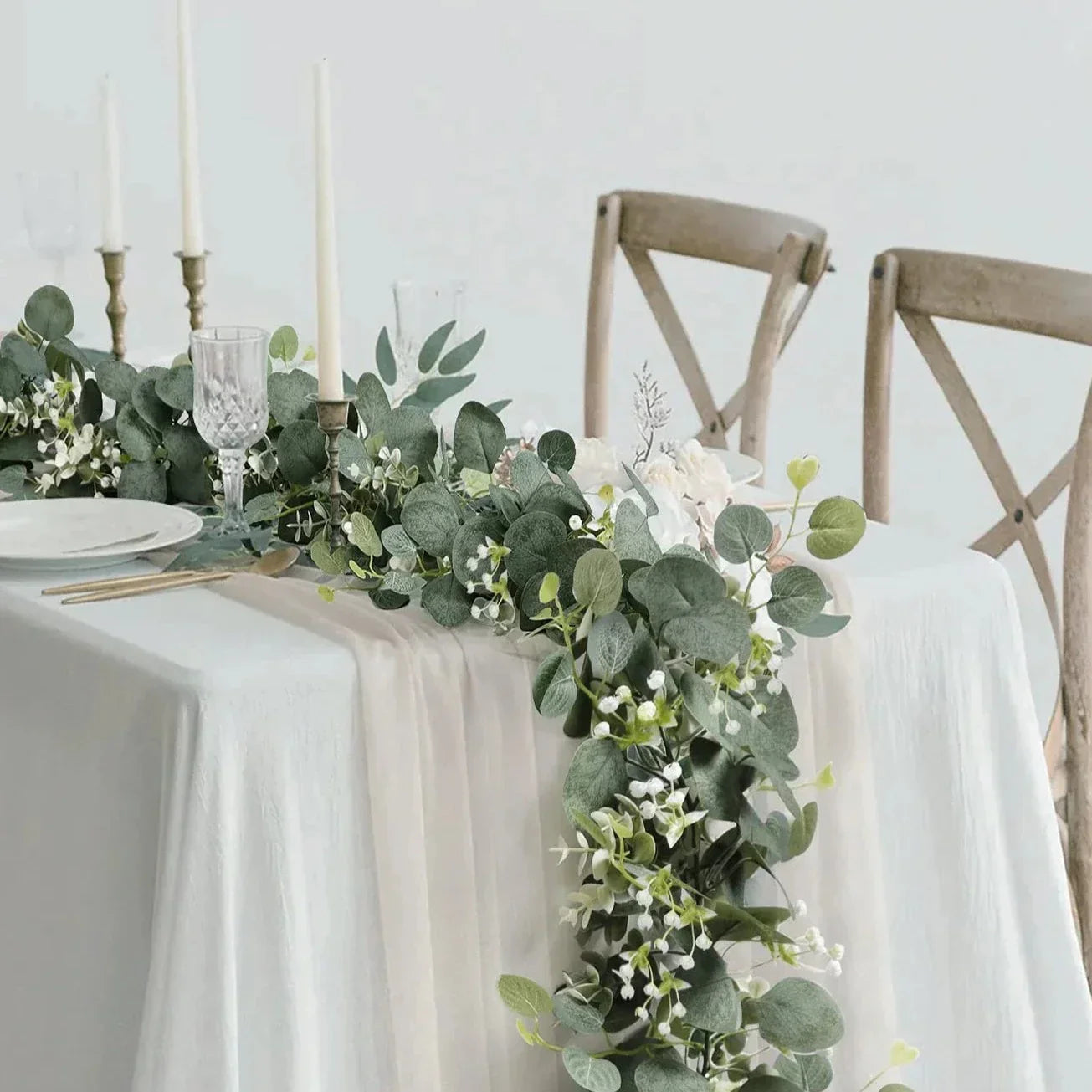 Frendorf | EucaGreen™ Eukalyptus Girlande 2er Set | Kunstpflanzen Deko | Ideal für Hochzeit, Tischdeko & Wanddekoration