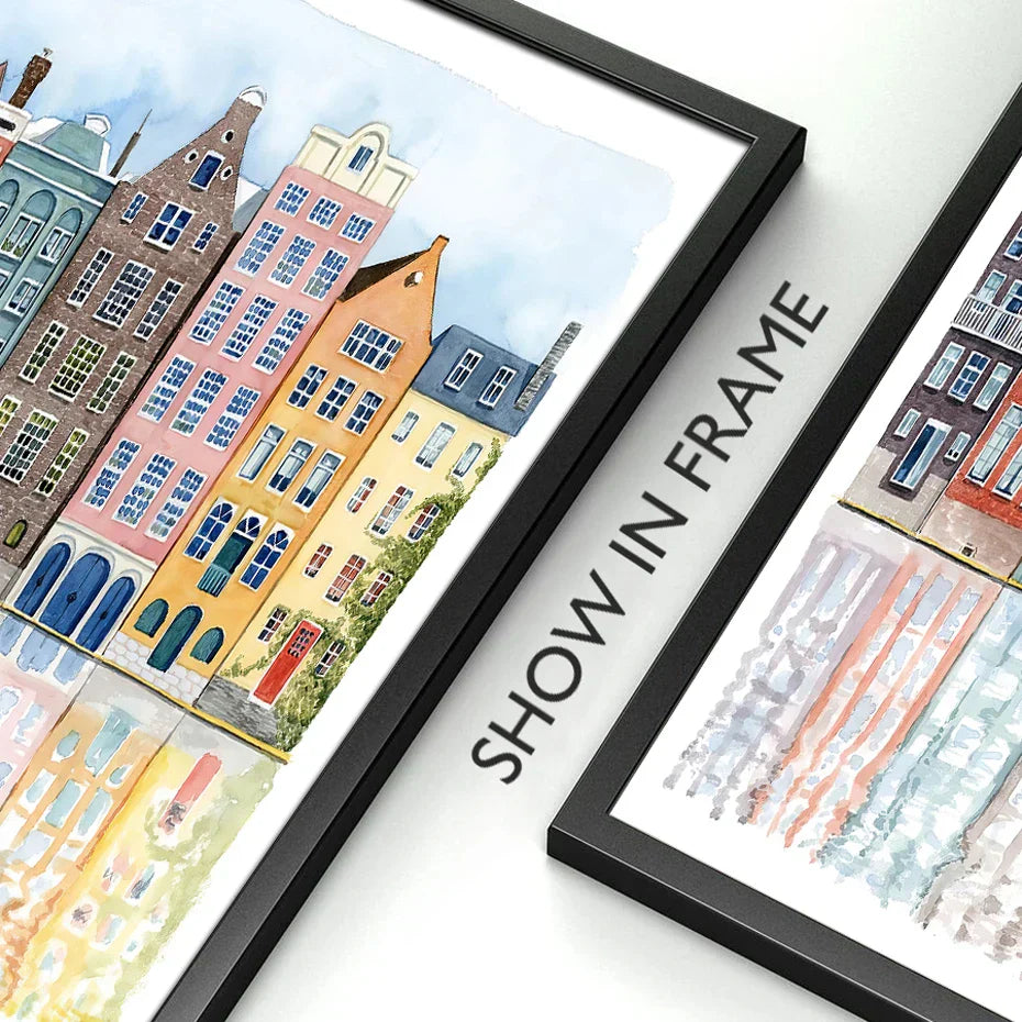 Frendorf | UrbanVista Aquarellfassaden Poster | Leinwanddruck mit alten bunten Gebäuden | Wandkunst für Wohnzimmer & Heimdekoration