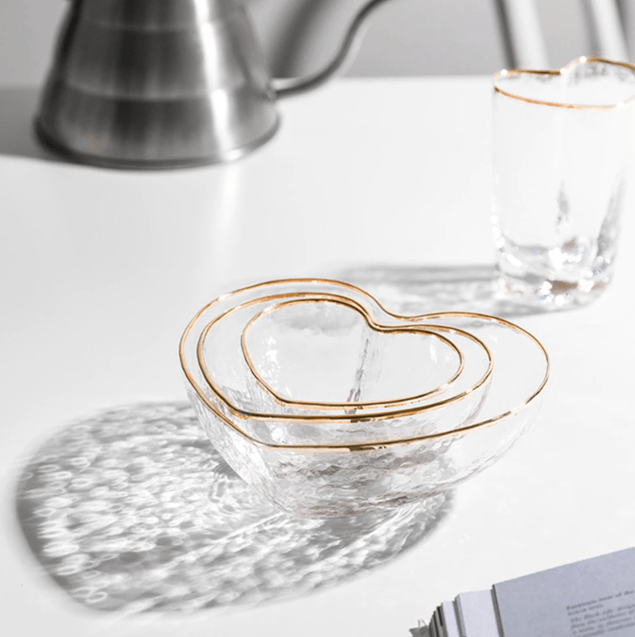 Frendorf | HeartGold Glasgeschirr Set | Herzform Schale & Trinkglas | Goldrand Design | Stilvolle Tischdeko