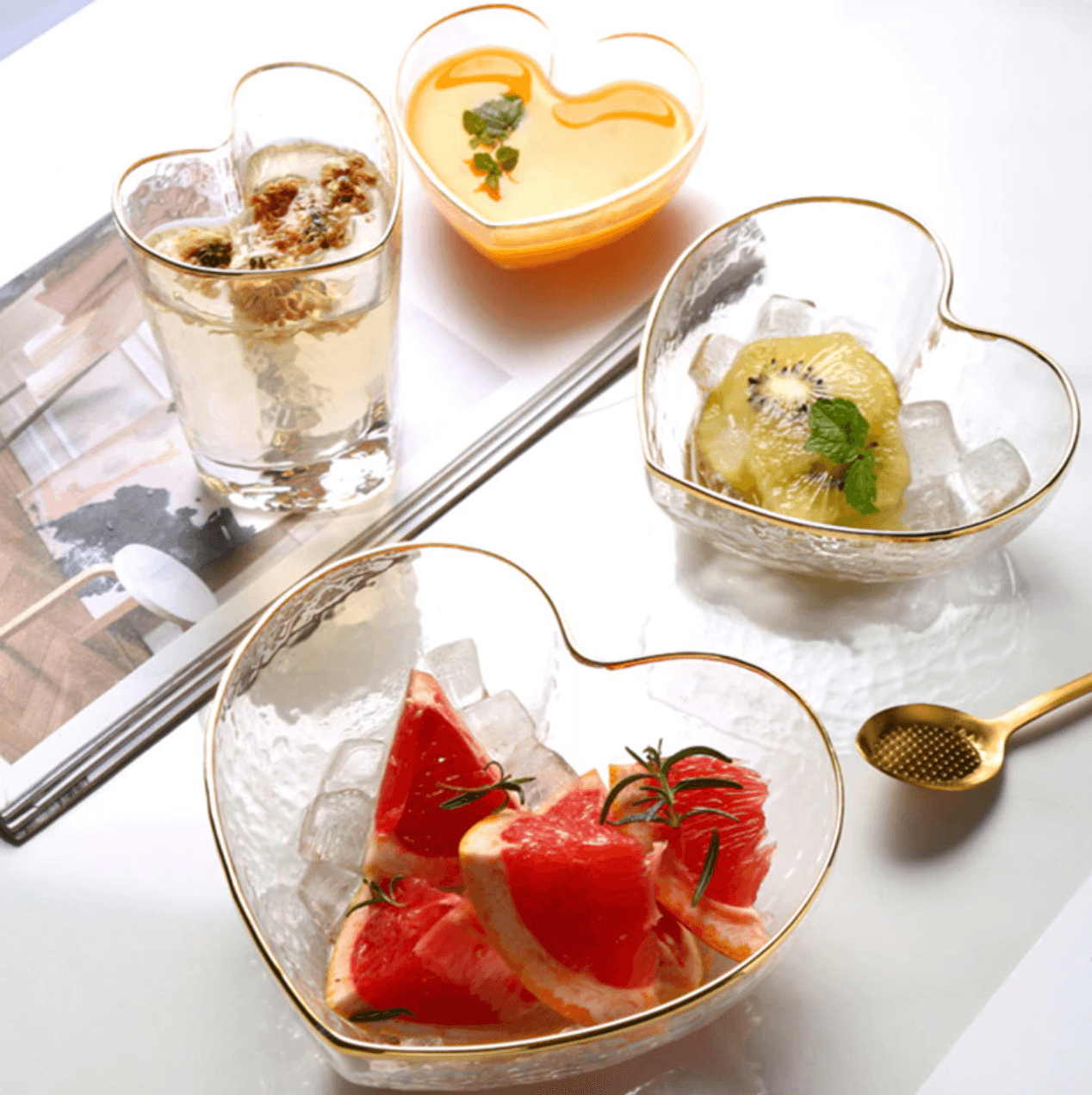 Frendorf | HeartGold Glasgeschirr Set | Herzform Schale & Trinkglas | Goldrand Design | Stilvolle Tischdeko