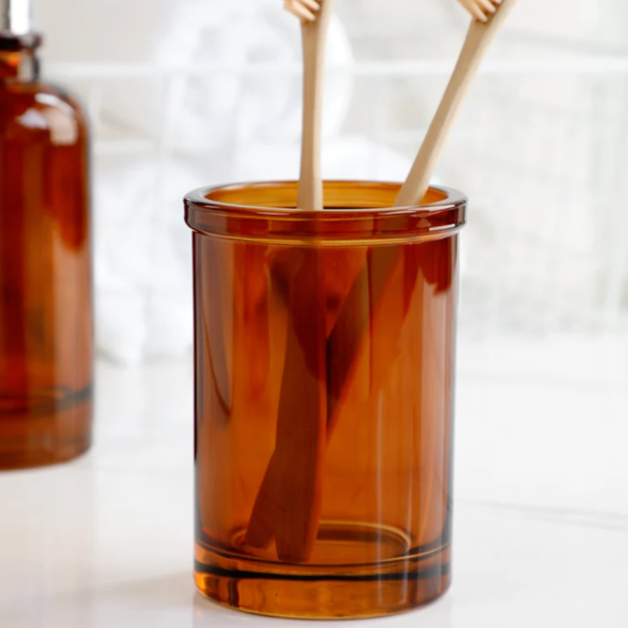 Frendorf | AquaSet Glas Badezimmer-Set | 4-teilig | Elegantes Apotheker-Design | Seifenspender, Zahnbürstenhalter & Zubehör