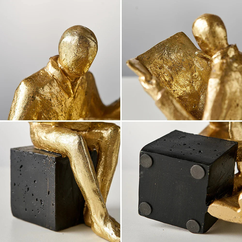Goldene Lesestatue Wohnkultur Künstlerische Studie Bücherregal Ornament Einfache Buchstütze Harz Miniaturen Handwerk Büro Zubehör