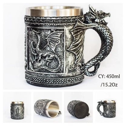 Mittelalterlicher Drachenharz-Edelstahlbecher als Kaffeebecher oder Teebecher