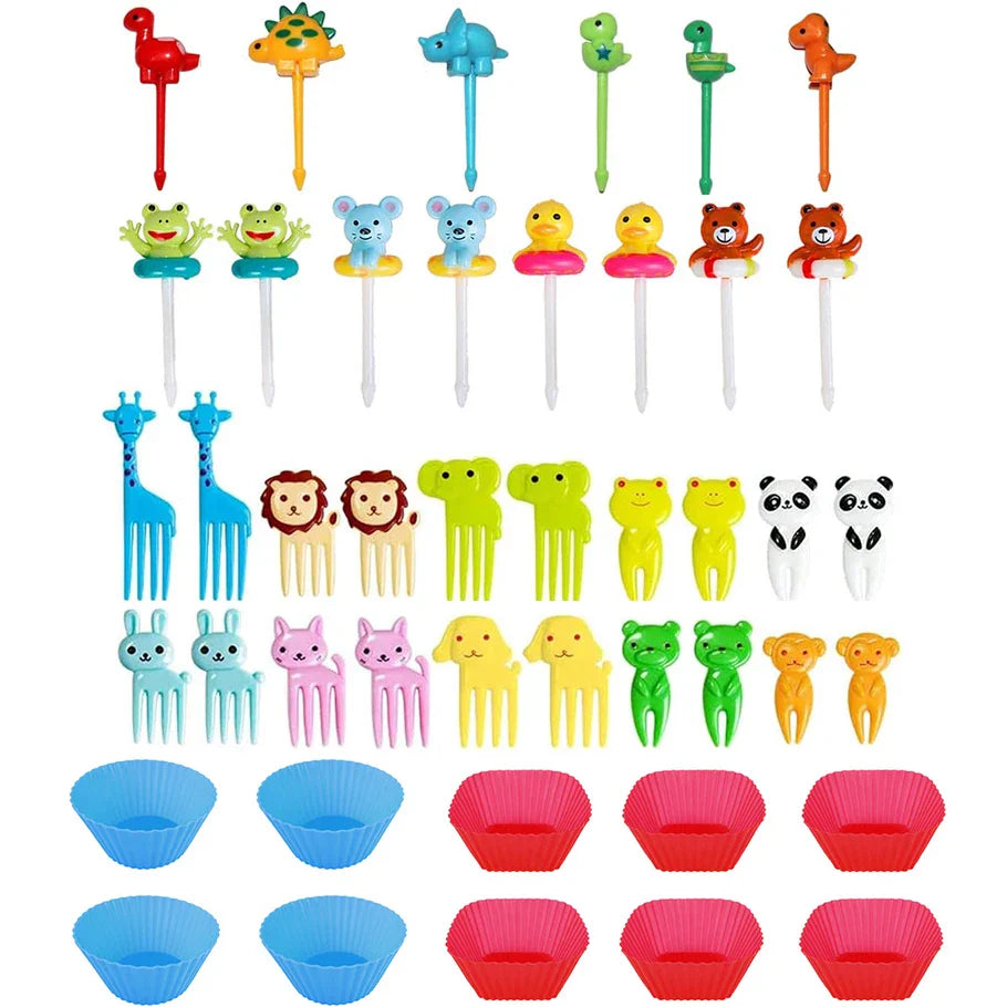 Niedliche Mini Lebensmittelspießchen für Kinder: Tier Cartoon Gabeln mit Ausstecher und Silikon Lunchbox Trennwände - Perfekt für Snacks, Kuchen und Früchte