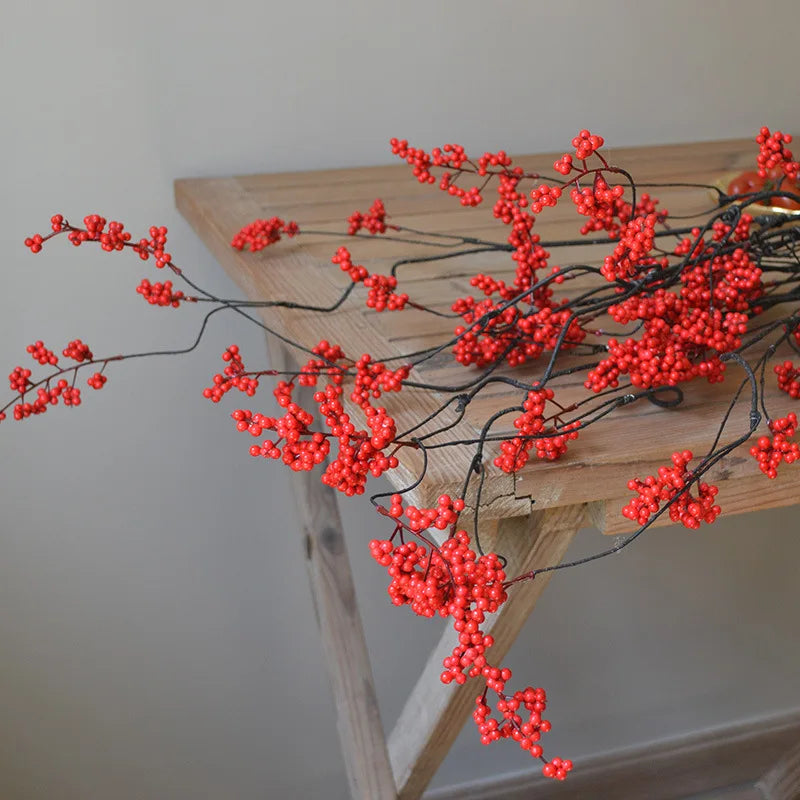 Frendorf | 120CM Chinesischer Stil Zen Blumenarrangement – Künstliche rote Beeren und grüne Obstspieße für Zuhause, Teetisch und Winterdekoration