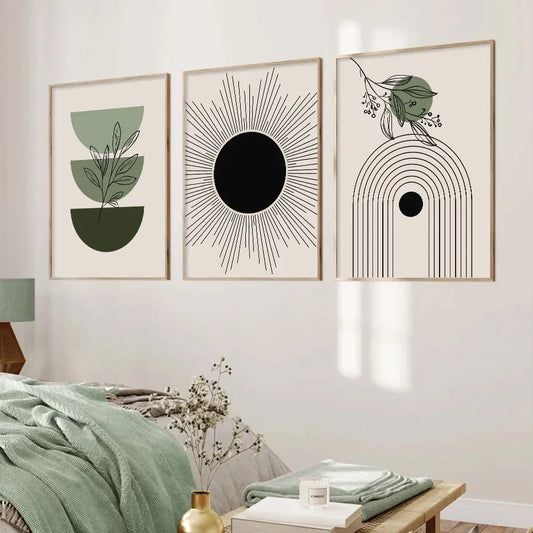 Abstrakte grüne geometrische Blätter Poster Boho Wandkunst Leinwandmalerei Drucke Bilder Modernes Wohnzimmer Innenraum Dekoration