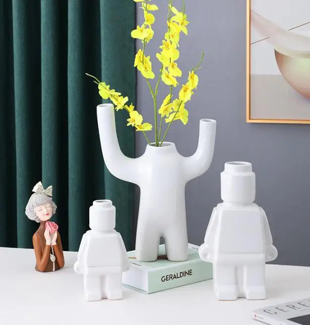 Kreative Robotervase, modernes Dekor, Heim-Desktop, kleiner Roboter, aufrecht stehende Vase für getrocknete Blumen, Wohnzimmer-Dekorationszubehör