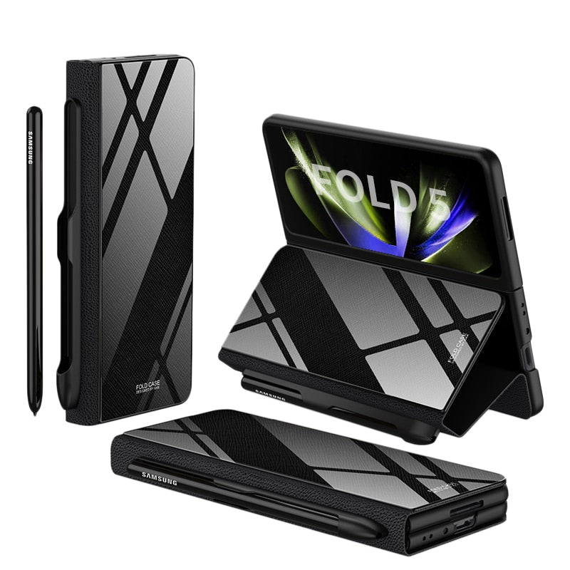 Frendorf | Stoßfeste Rüstungshülle Hülle Glas Abdeckung Ständer Einfügkarte Lederhülle für Samsung Galaxy Z Fold 5/4