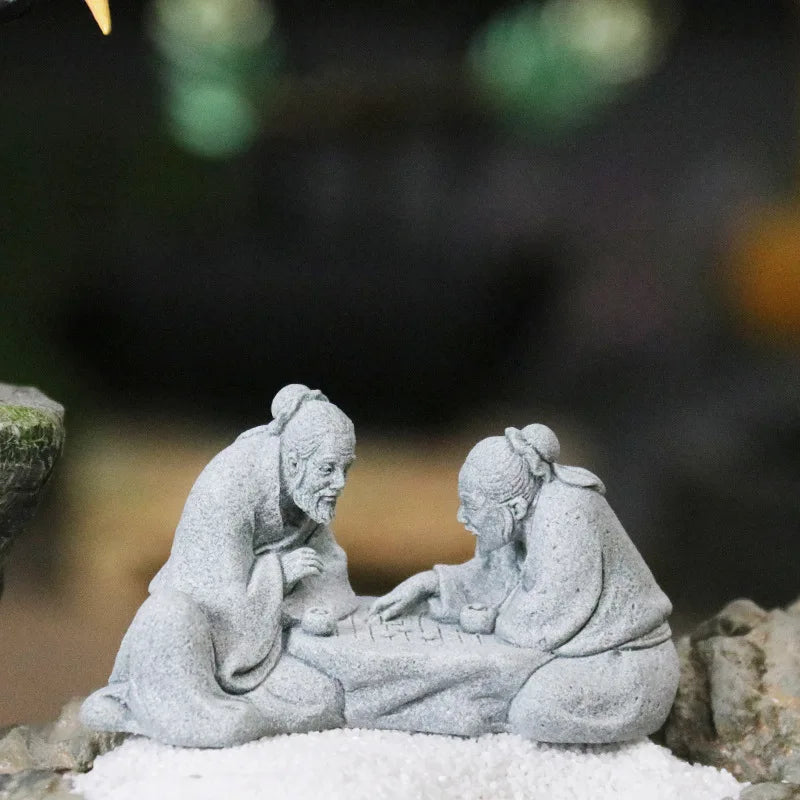 Miniatur Alter Fischer Schach Spielen Sand Steine Figur Aquarium Ornamente Feengarten Bonsai Steingarten Landschaft Raumdekoration