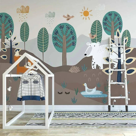 Frendorf | Geschichtete Waldlandschaft mit Fuchs und Bär Wandmural Tapete