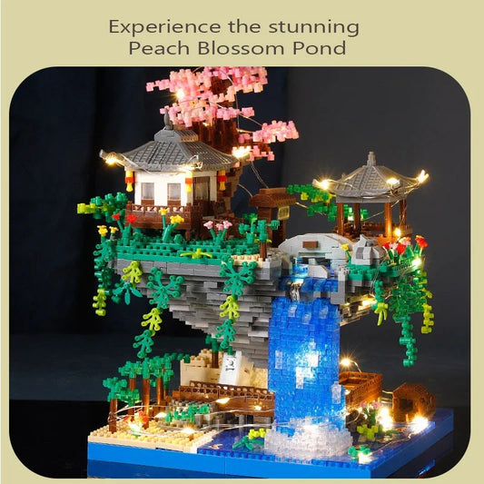 Antike Architektur Pfirsichblüten Teich Schloss Mädchen Modell Baustein Montage Kinderspielzeug mit hohem Schwierigkeitsgrad