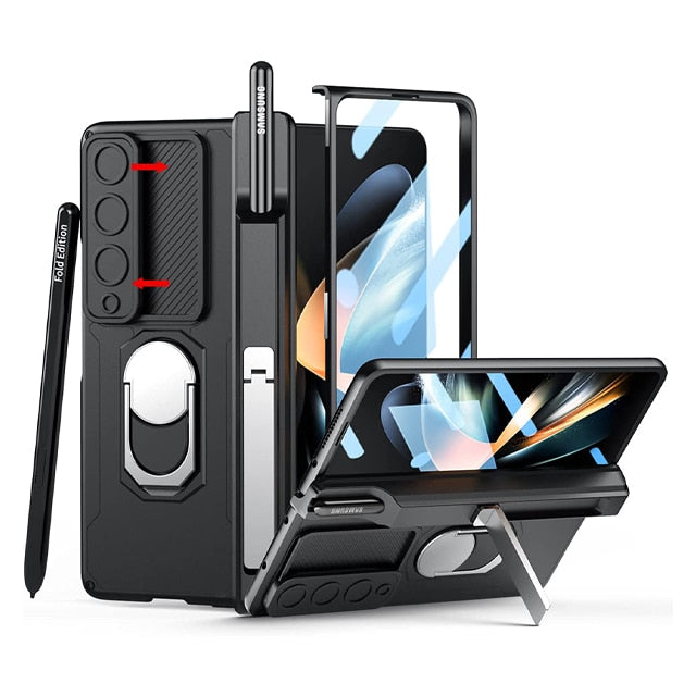 Frendorf | Luxus-Hülle mit S Pen Halterung und Scharnier-Bildschirm-Schutzring-Ständer-Hülle für Samsung Galaxy Z Fold 5 Z Fold 4