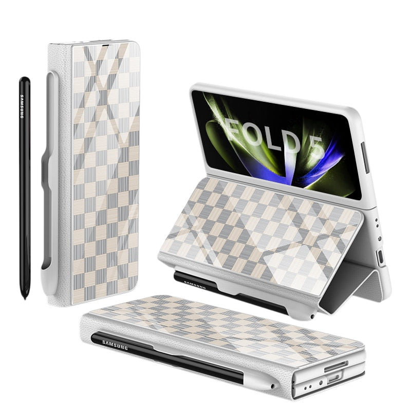 Frendorf | Stoßfeste Rüstungshülle Hülle Glas Abdeckung Ständer Einfügkarte Lederhülle für Samsung Galaxy Z Fold 5/4