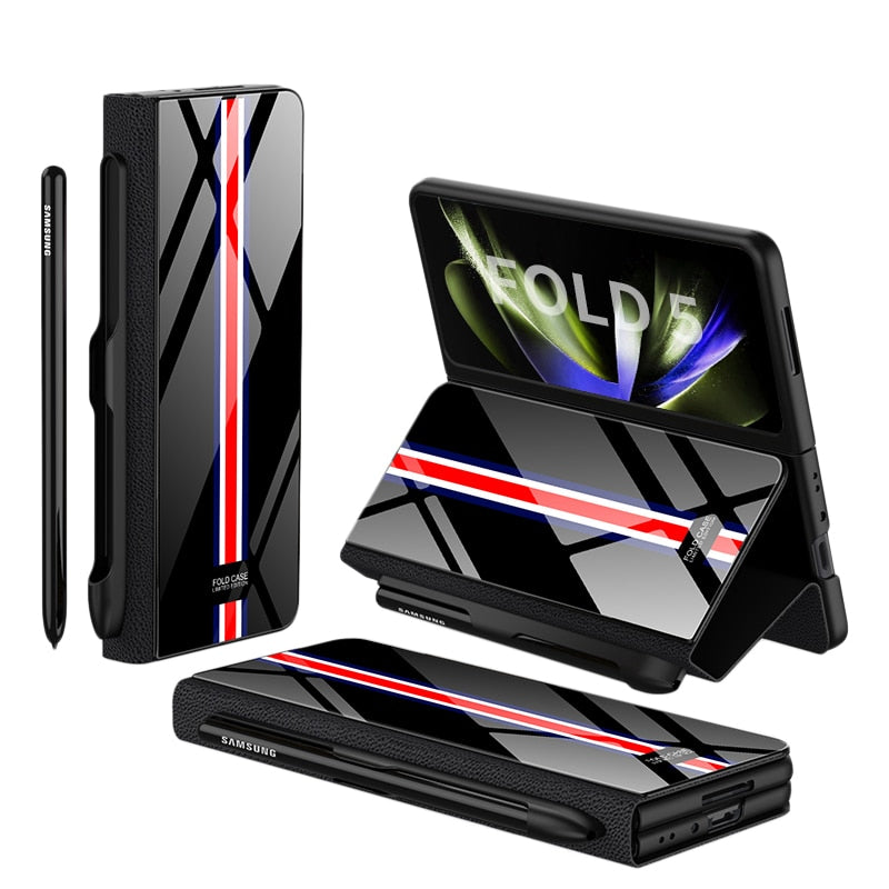 Frendorf | Stoßfeste Rüstungshülle Hülle Glas Abdeckung Ständer Einfügkarte Lederhülle für Samsung Galaxy Z Fold 5/4