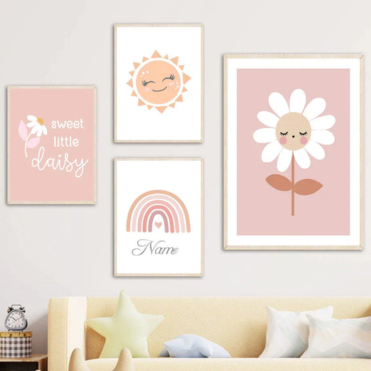 Niedlicher Daisy Rainbow Sonne Liebe Herz personalisiertes Namensposter von Wandkunst Leinwanddrucke Bild Rosa Mädchen Baby Kinderzimmer Wohnkultur
