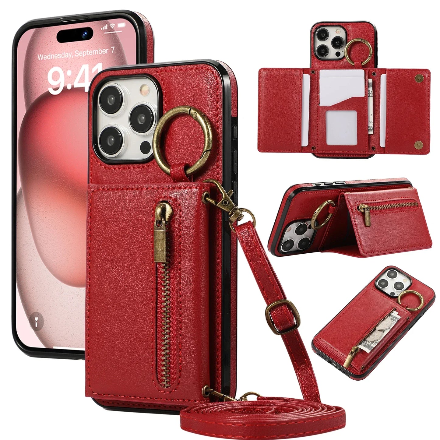 Frendorf | Bestseller, Dreifach Geldbörse Leder Reißverschlusstasche Umhängetasche Kartensteckplatz Ringhalter Tasche für iPhone 15 14 13 12 Pro Max Plus