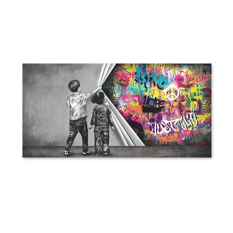 Nordic Minimalist Wall Art Bank Graffiti Funny Two Kids HD Canvas Poster Print Home Bedroom Living Room Decoration Gifts