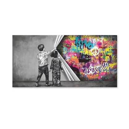 Nordic Minimalist Wall Art Bank Graffiti Funny Two Kids HD Canvas Poster Print Home Bedroom Living Room Decoration Gifts