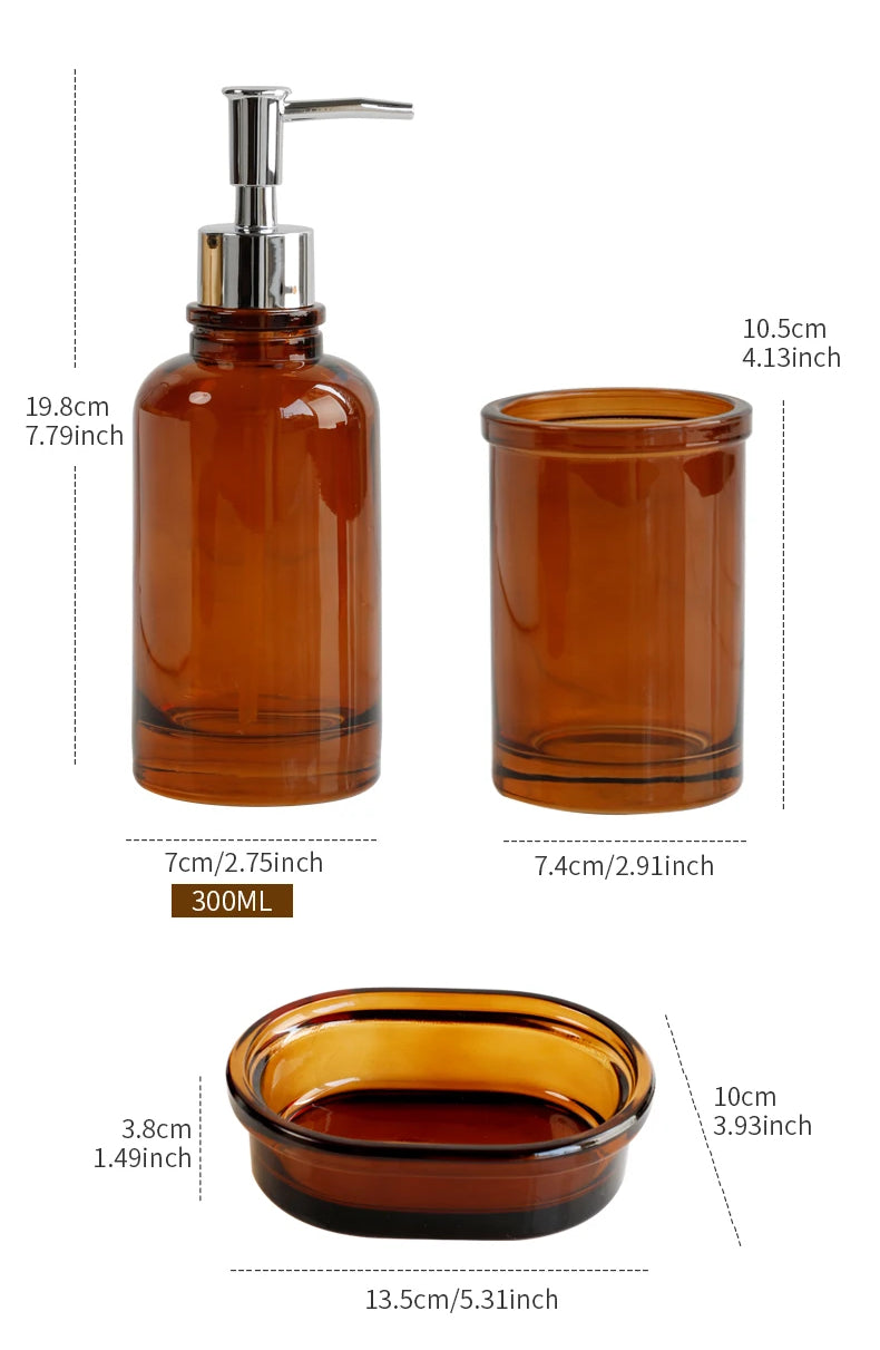 Frendorf | AquaSet Glas Badezimmer-Set | 4-teilig | Elegantes Apotheker-Design | Seifenspender, Zahnbürstenhalter & Zubehör