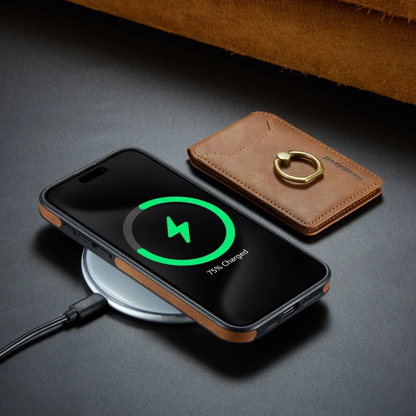 Frendorf | 2 in 1 abnehmbares Leder Karten Slot Ring Halter Wallet Case für iPhone 16 15 14 13 12 Pro Max Plus Magnetische vertikale Tasche Cover