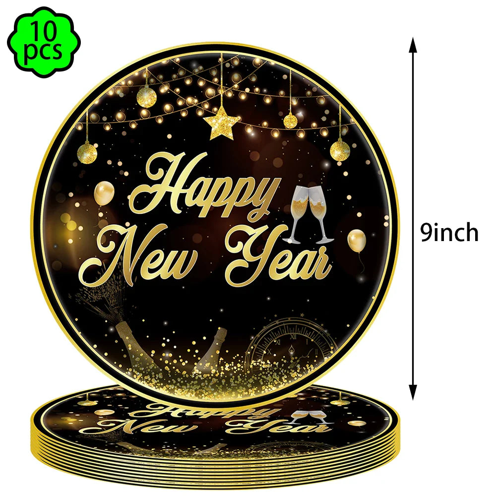 Neujahrsservietten Pappteller Becher Neujahr Tischdecken Tischüberwurf 2024 Neujahrsparty Dekorationen Silvesterparty Zubehör