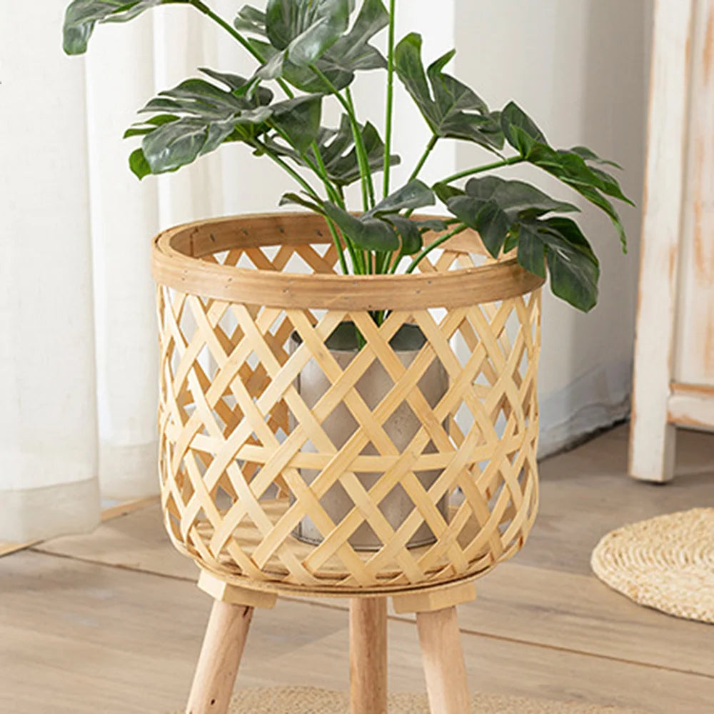 Handgefertigter Bambusgewebter Blumentopf mit Ständer Pflanze Blumenanzeige Aufbewahrungsständer DIY Aufbewahrung Kinderplantöpfe Wohnkultur