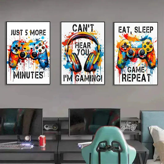 Graffiti Gamer Leinwandmalerei Spielcontroller Kopfhörer Poster Druck Bilder für Jungen Schlafzimmer Spielzimmer Wandkunst Wohnkultur