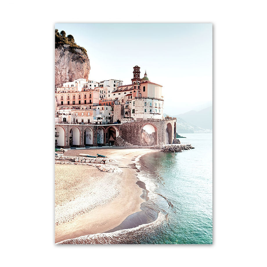 Venice Amalfi Küstenstadt Wasserfall Leinwandposter | Nordisches Schlafzimmer Wandkunst für Wohnzimmer Wohnkultur