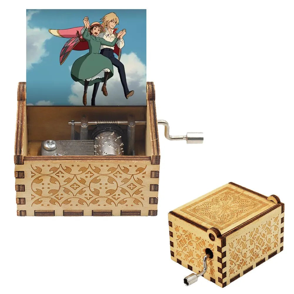 Neueste Design Anime Howl's Moving Castle Musikthema Antik geschnitzte Holz Handkurbel Musikbox Kinderspielzeug Weihnachtsgeschenk