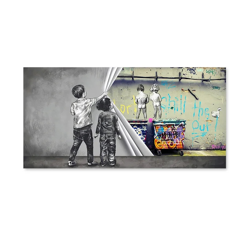 Nordic Minimalist Wall Art Bank Graffiti Funny Two Kids HD Canvas Poster Print Home Bedroom Living Room Decoration Gifts