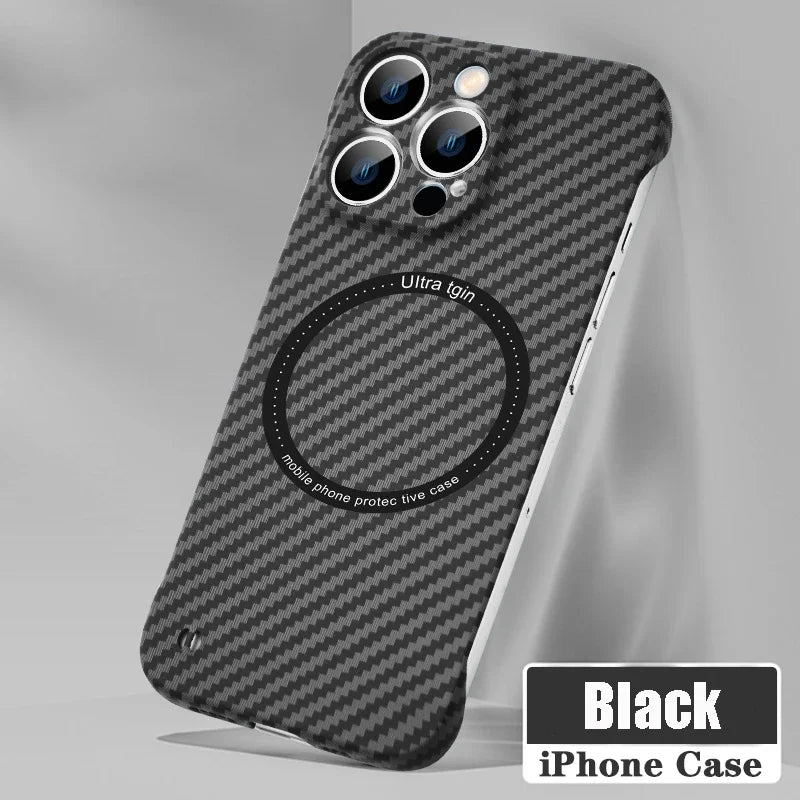 Frendorf | Ultra dünnes Carbonfaser-Magnetgehäuse für iPhone 16 15 ProMax 14 Plus 13 12 11 Pro Max Magsafe Wireless Charging rahmenloses Cover