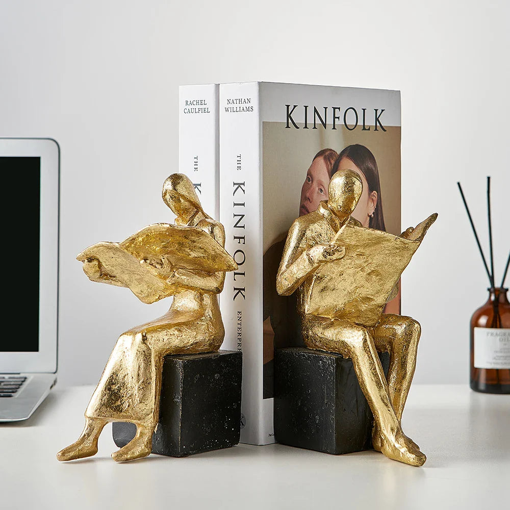 Goldene Lesestatue Wohnkultur Künstlerische Studie Bücherregal Ornament Einfache Buchstütze Harz Miniaturen Handwerk Büro Zubehör