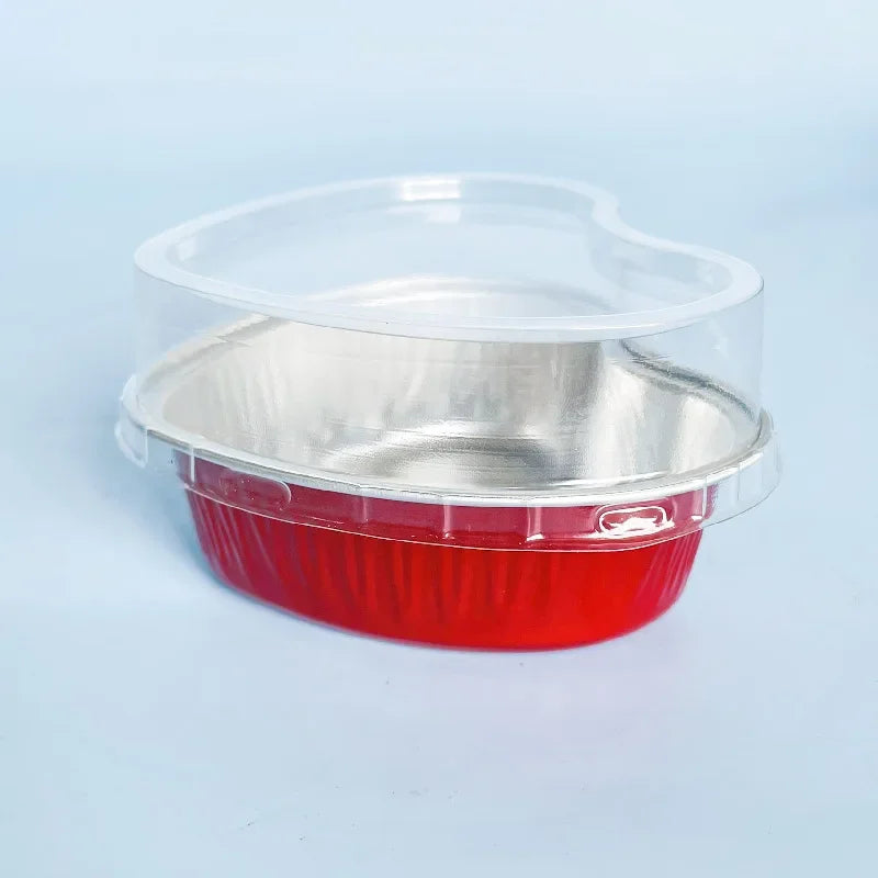 50 Stück 100 ml Aluminium Puddingbecher aus Alufolie mit Deckel - Herzförmige Einweg Mini Mousse Cupcake Behälter Backformen