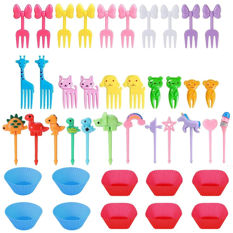 Niedliche Mini Lebensmittelspießchen für Kinder: Tier Cartoon Gabeln mit Ausstecher und Silikon Lunchbox Trennwände - Perfekt für Snacks, Kuchen und Früchte