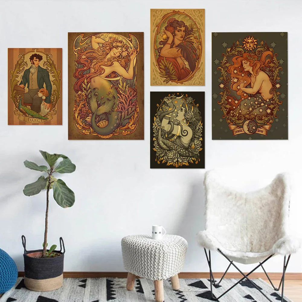 Art Nouveau Kraftpapier Poster Vintage Zuhause Zimmer Bar Café Dekor Ästhetische Kunst Wandgemälde