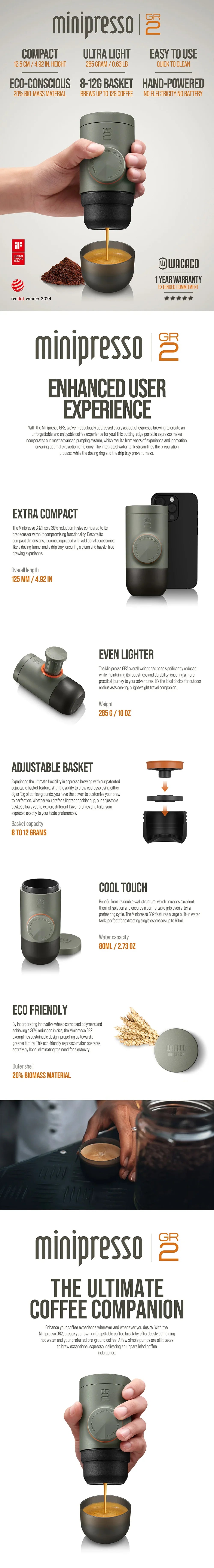 WACACO Minipresso GR2 – Tragbare Espressomaschine für den Außenbereich, kompatibel mit gemahlenem Kaffee, Reise- & Camping-Kaffeemaschine Geschenk