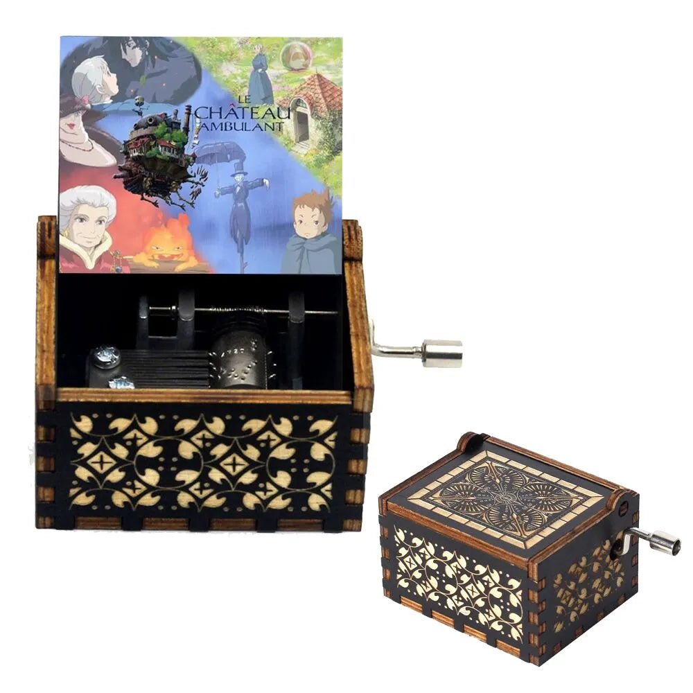 Neueste Design Anime Howl's Moving Castle Musikthema Antik geschnitzte Holz Handkurbel Musikbox Kinderspielzeug Weihnachtsgeschenk