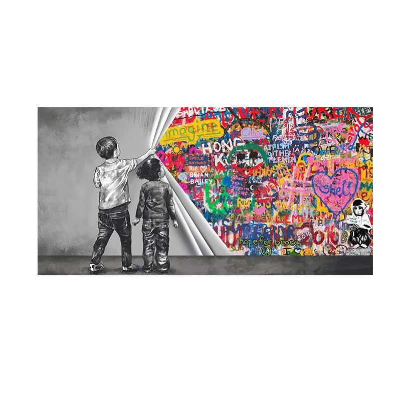 Nordic Minimalist Wall Art Bank Graffiti Funny Two Kids HD Canvas Poster Print Home Bedroom Living Room Decoration Gifts