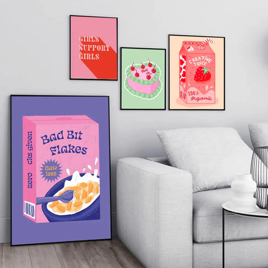 Abstraktes Buntes Bild Schwimmbad Kunstposter Druck Romantisches Mädchen Trinkt Milch Kuchen Leinwand Malerei Wohnzimmer Heimdekoration