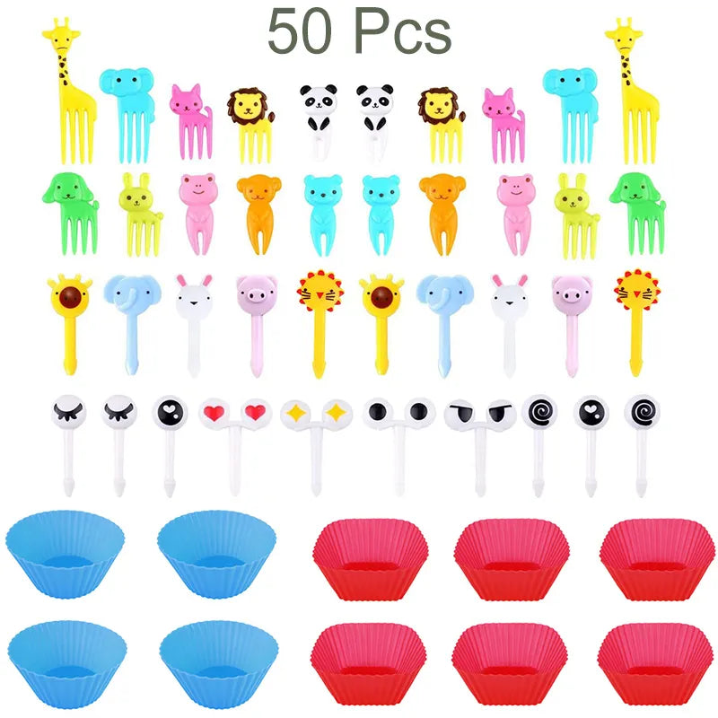 Niedliche Mini Lebensmittelspießchen für Kinder: Tier Cartoon Gabeln mit Ausstecher und Silikon Lunchbox Trennwände - Perfekt für Snacks, Kuchen und Früchte