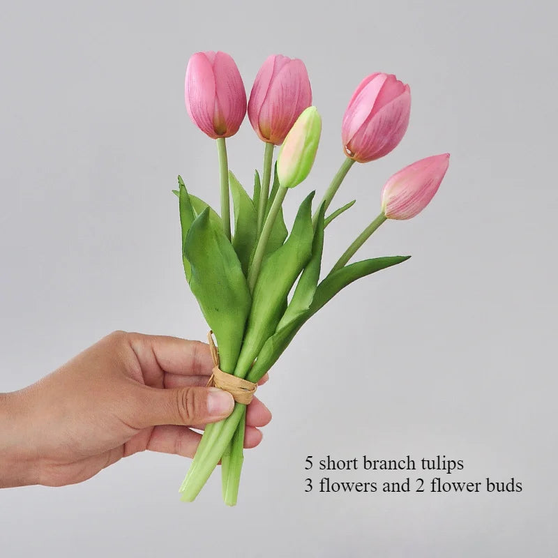 Frendorf | 5 kurze Pole Tulpen Kunstblumen – weiche Gummi-Seiden-Tulpen für Wohnkultur, Hochzeiten und Fotografie-Requisiten
