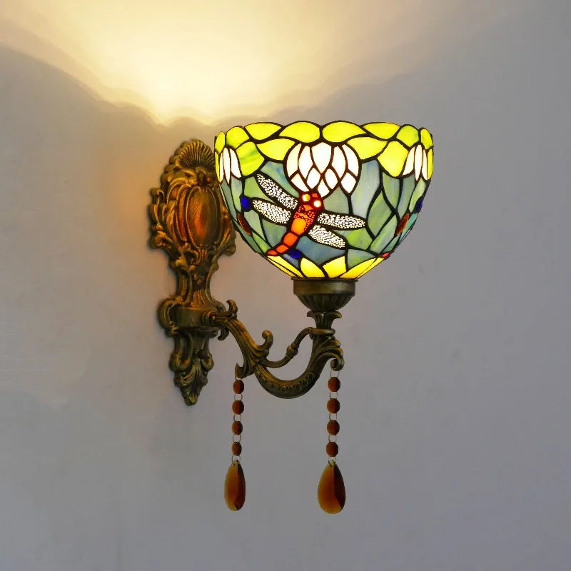Frendorf | Einzelne-Glühbirne Wand Sconces Tiffany Flared Buntglas Wandmontage Licht mit Traubenmuster in Messing