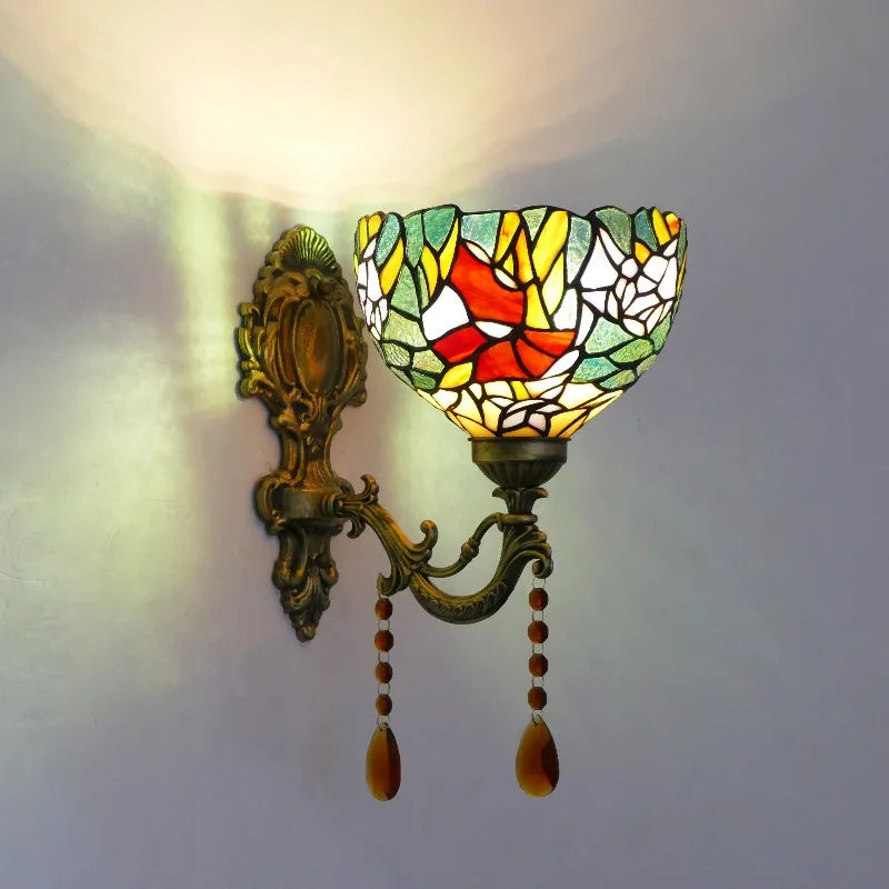 Frendorf | Einzelne-Glühbirne Wand Sconces Tiffany Flared Buntglas Wandmontage Licht mit Traubenmuster in Messing