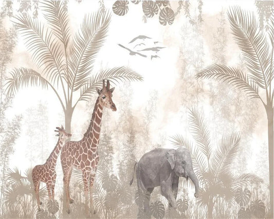 Frendorf | Giraffe und Elefant Feine Farben Safari Tapeten-Mural