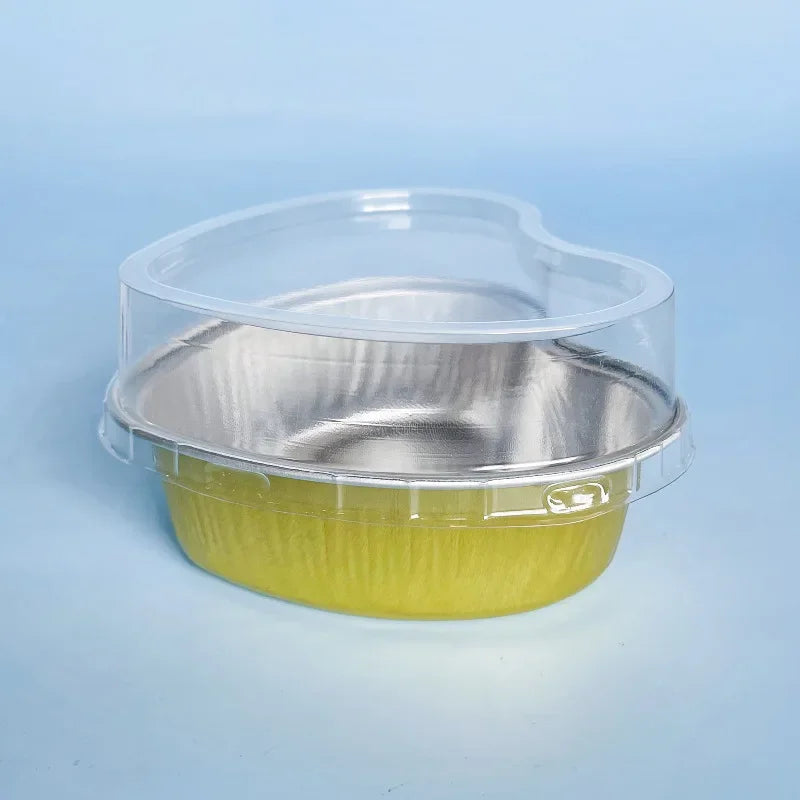 50 Stück 100 ml Aluminium Puddingbecher aus Alufolie mit Deckel - Herzförmige Einweg Mini Mousse Cupcake Behälter Backformen