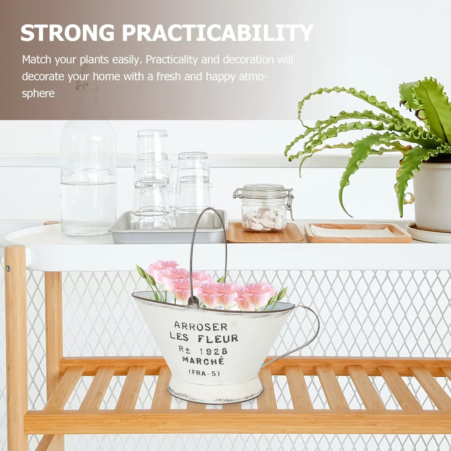 Blumenvasen-Eimer-Pflanzer-Tontopf-Metall-Shabby-Französisch-Galvanisiert-Chic-Retro-Bauernhaus-Vintage-Arrangement-Mittelstück-Hängende-Kanne