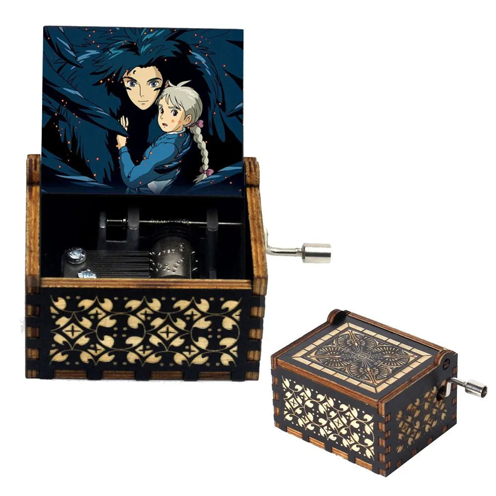 Neueste Design Anime Howl's Moving Castle Musikthema Antik geschnitzte Holz Handkurbel Musikbox Kinderspielzeug Weihnachtsgeschenk